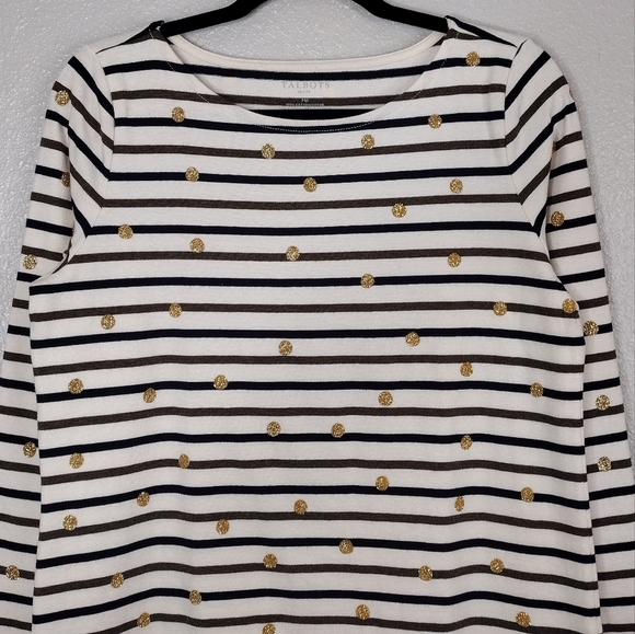 Talbots Petite Summer Striped Gold Glitter Polka Dot Pullover Long Sleeve Top - Picture 3 of 14
